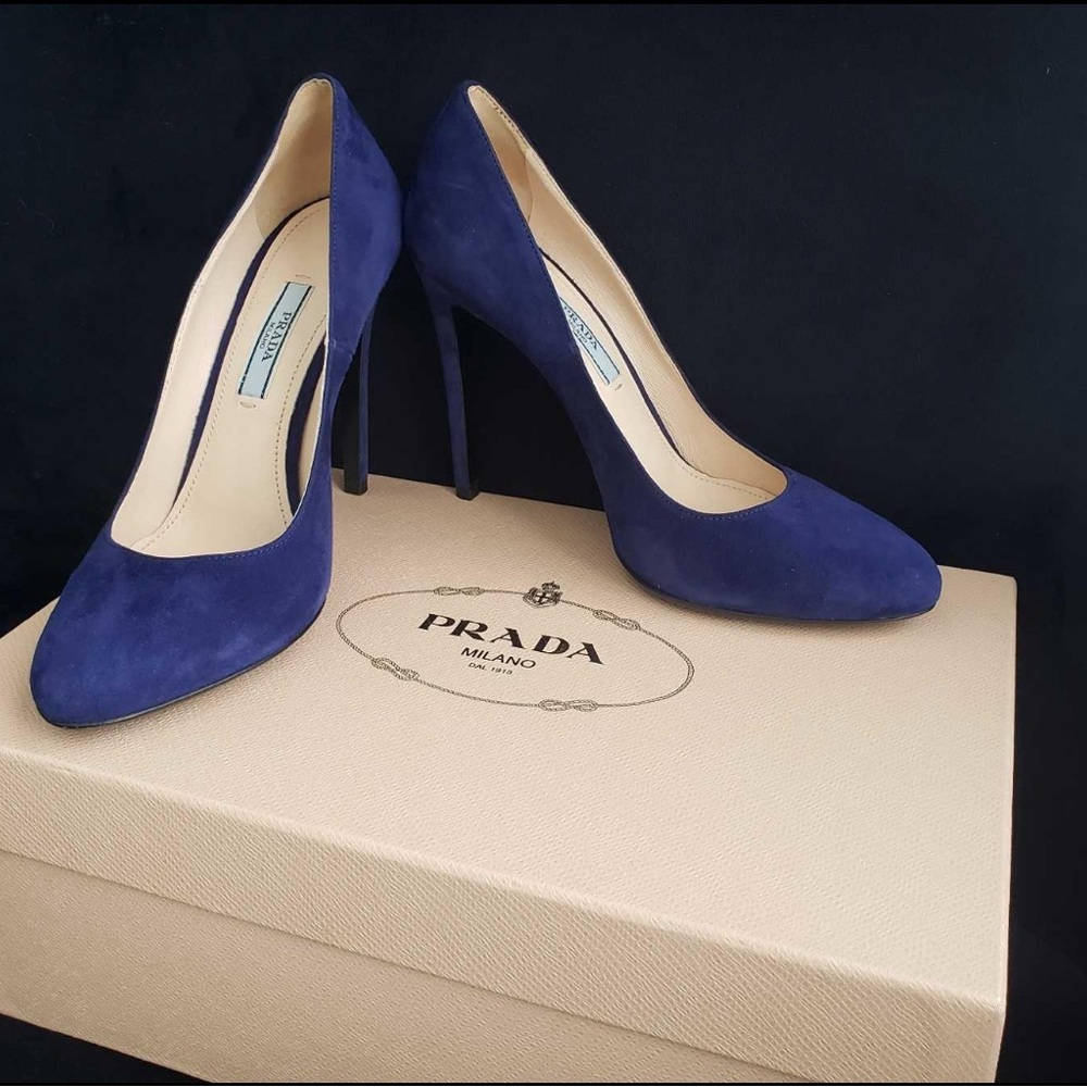 Prada Women's Blue Goatskin Suede Heels| Sz 6.5